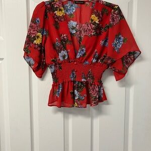 Floral Red Top with Smocked Waist